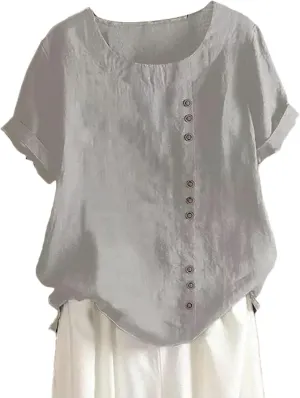Linen Shirts for Women V Neck Button Down Blouses Plain Dressy Tee Tops Short Sleeve Loose Fit Tunic Top