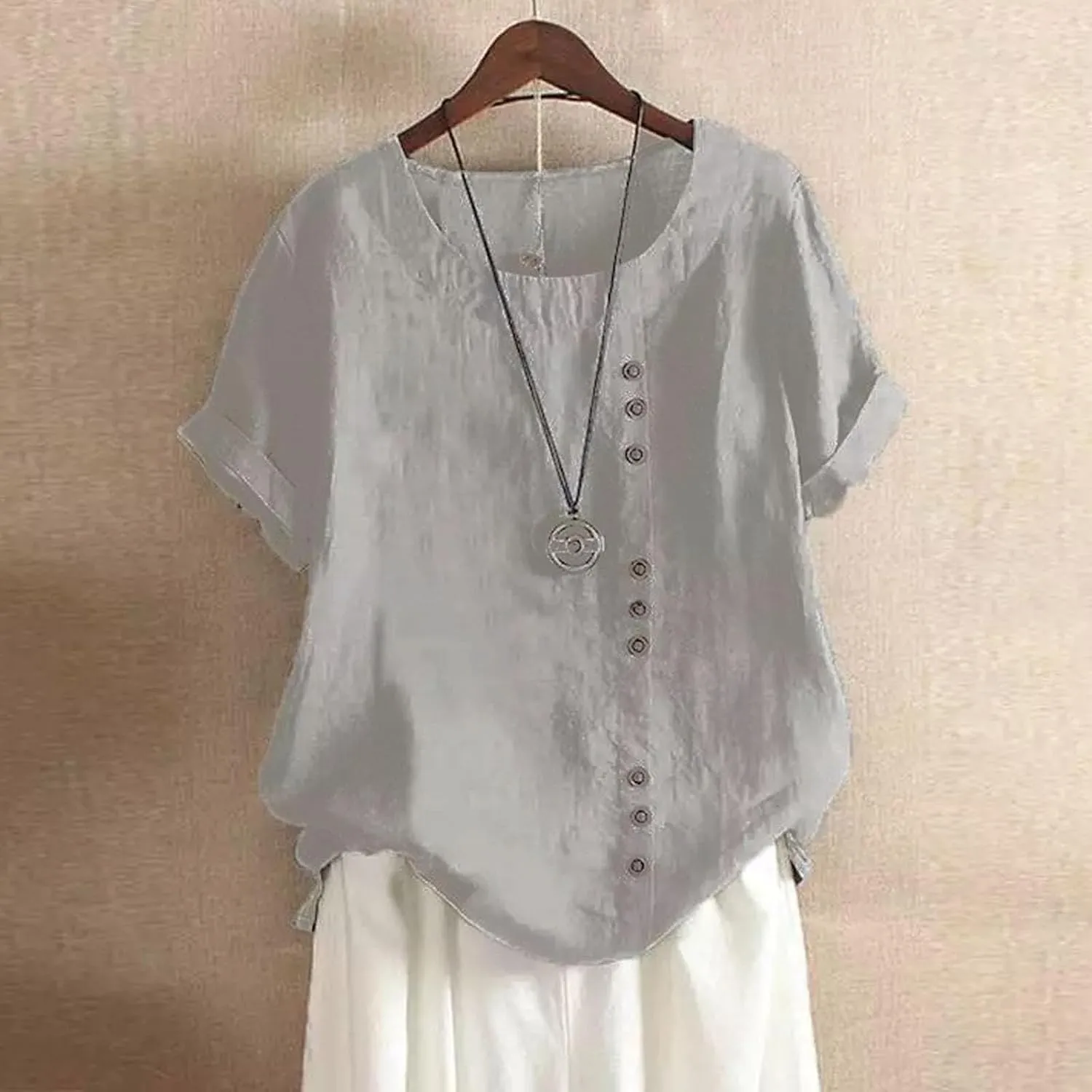 Linen Shirts for Women V Neck Button Down Blouses Plain Dressy Tee Tops Short Sleeve Loose Fit Tunic Top