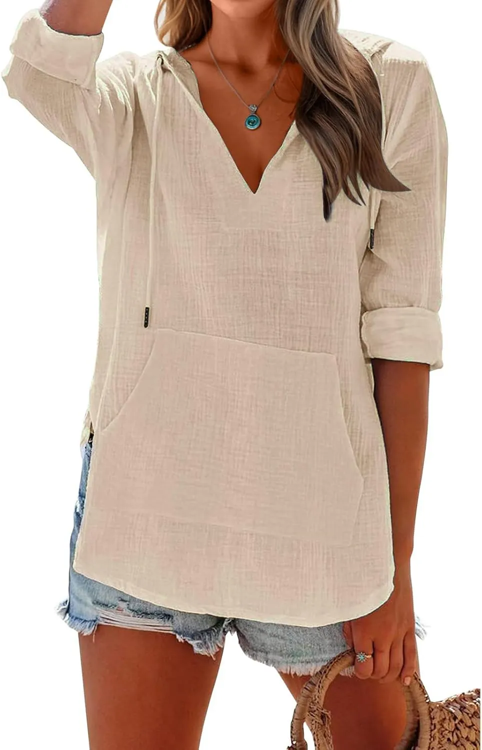 Linen T Shirts for Women Lightweight Breathable V Neck Long Sleeve Tops Summer Casual Cover Up Hoodied Sweatshirts