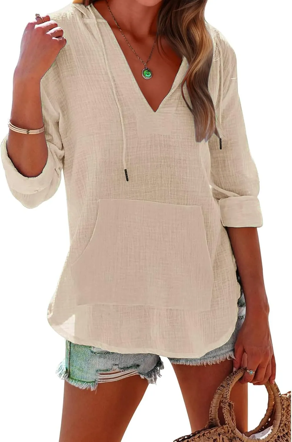 Linen T Shirts for Women Lightweight Breathable V Neck Long Sleeve Tops Summer Casual Cover Up Hoodied Sweatshirts