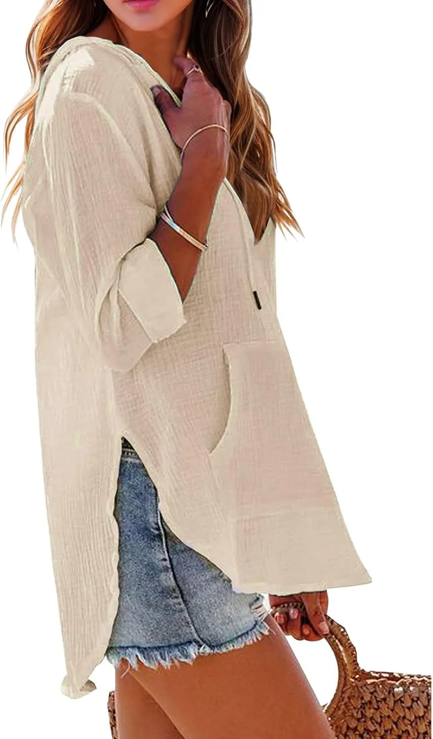Linen T Shirts for Women Lightweight Breathable V Neck Long Sleeve Tops Summer Casual Cover Up Hoodied Sweatshirts