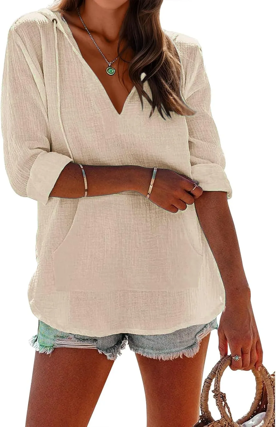 Linen T Shirts for Women Lightweight Breathable V Neck Long Sleeve Tops Summer Casual Cover Up Hoodied Sweatshirts