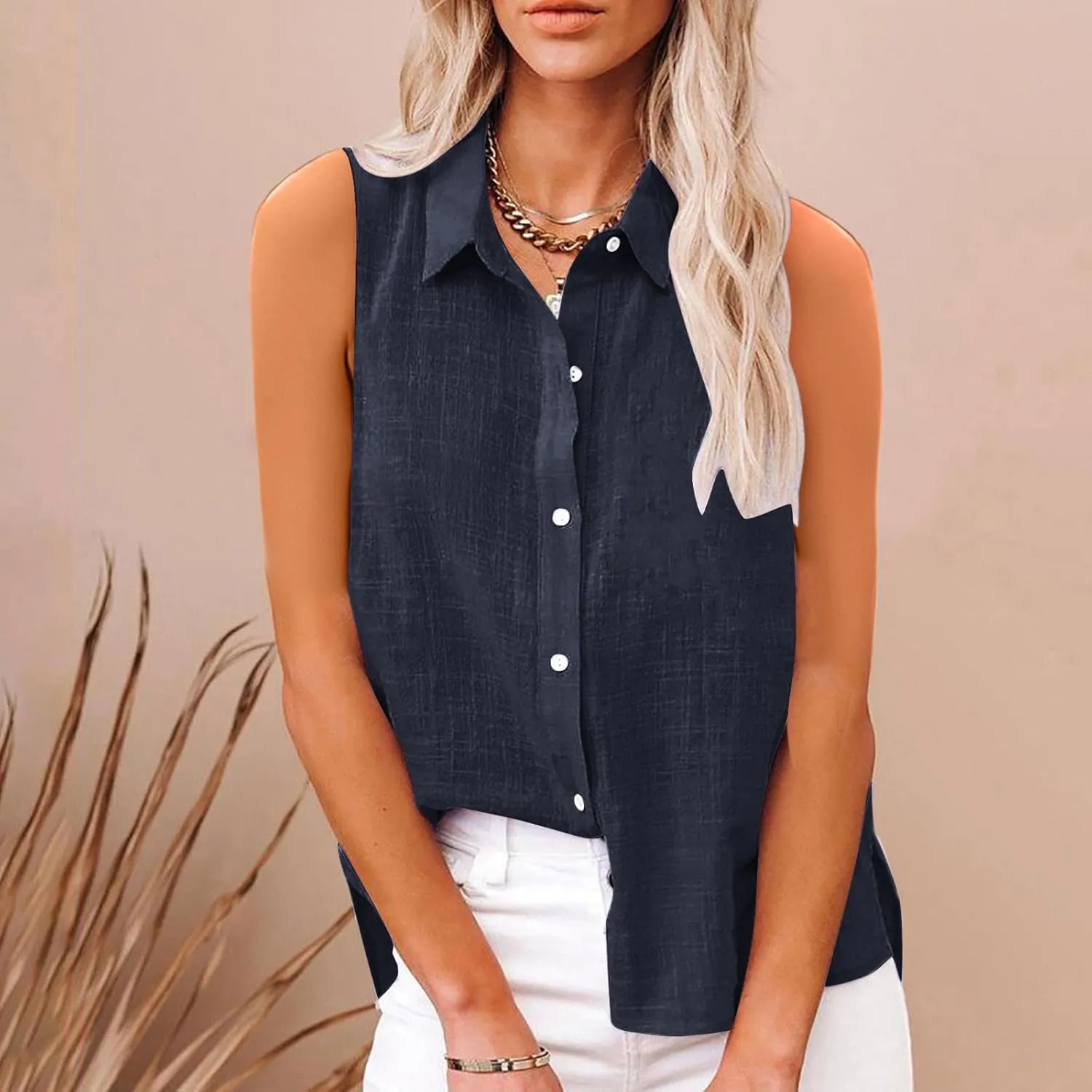 Linen Tank Tops for Women Sleeveless Collared Button Down Shirts Casual Loose Solid Color T-Shirts Summer Basic Tees