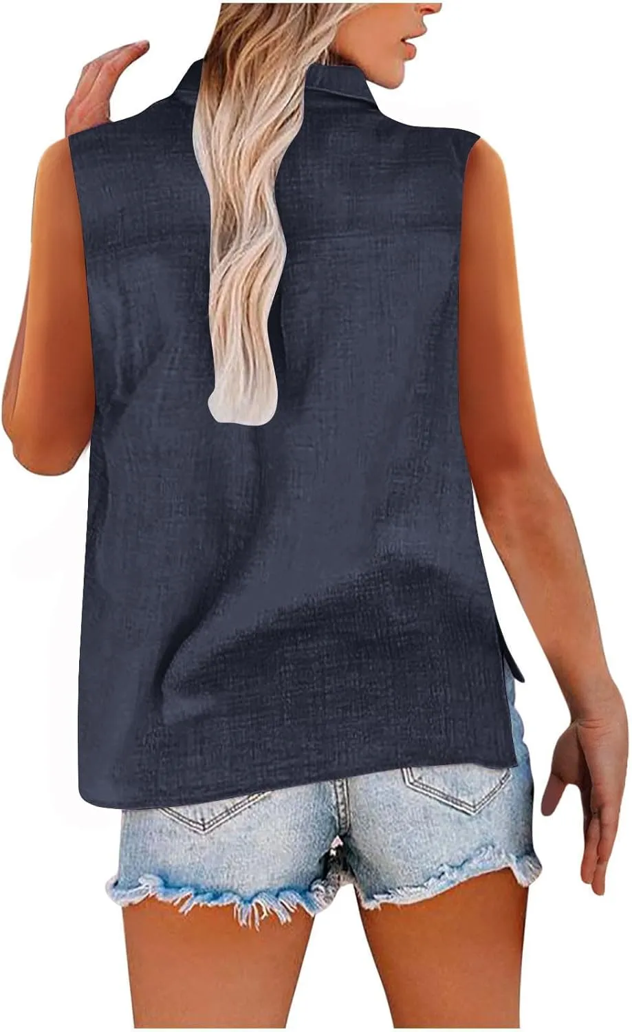 Linen Tank Tops for Women Sleeveless Collared Button Down Shirts Casual Loose Solid Color T-Shirts Summer Basic Tees