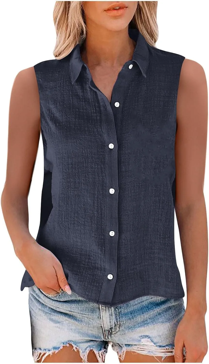Linen Tank Tops for Women Sleeveless Collared Button Down Shirts Casual Loose Solid Color T-Shirts Summer Basic Tees