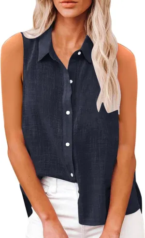 Linen Tank Tops for Women Sleeveless Collared Button Down Shirts Casual Loose Solid Color T-Shirts Summer Basic Tees