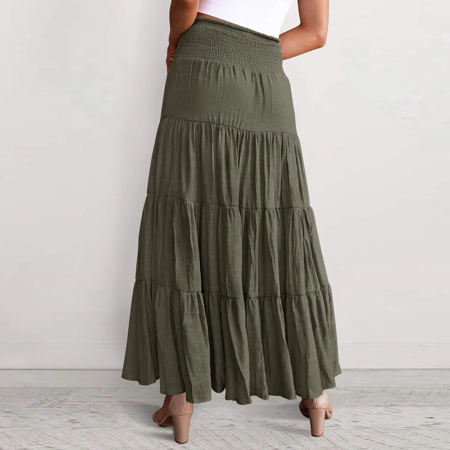 Long Pleated Skirts for Women A Line Summer High Waist Maxi Skirts Tiered Bohemian Flowy Drawstring Casual Skirts