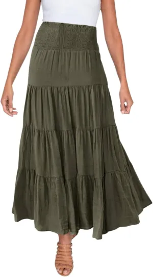 Long Pleated Skirts for Women A Line Summer High Waist Maxi Skirts Tiered Bohemian Flowy Drawstring Casual Skirts
