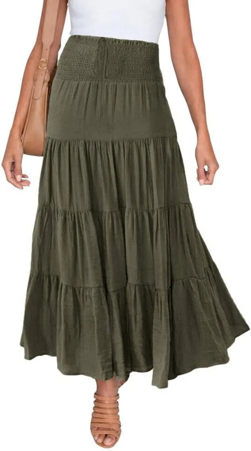 Long Pleated Skirts for Women A Line Summer High Waist Maxi Skirts Tiered Bohemian Flowy Drawstring Casual Skirts