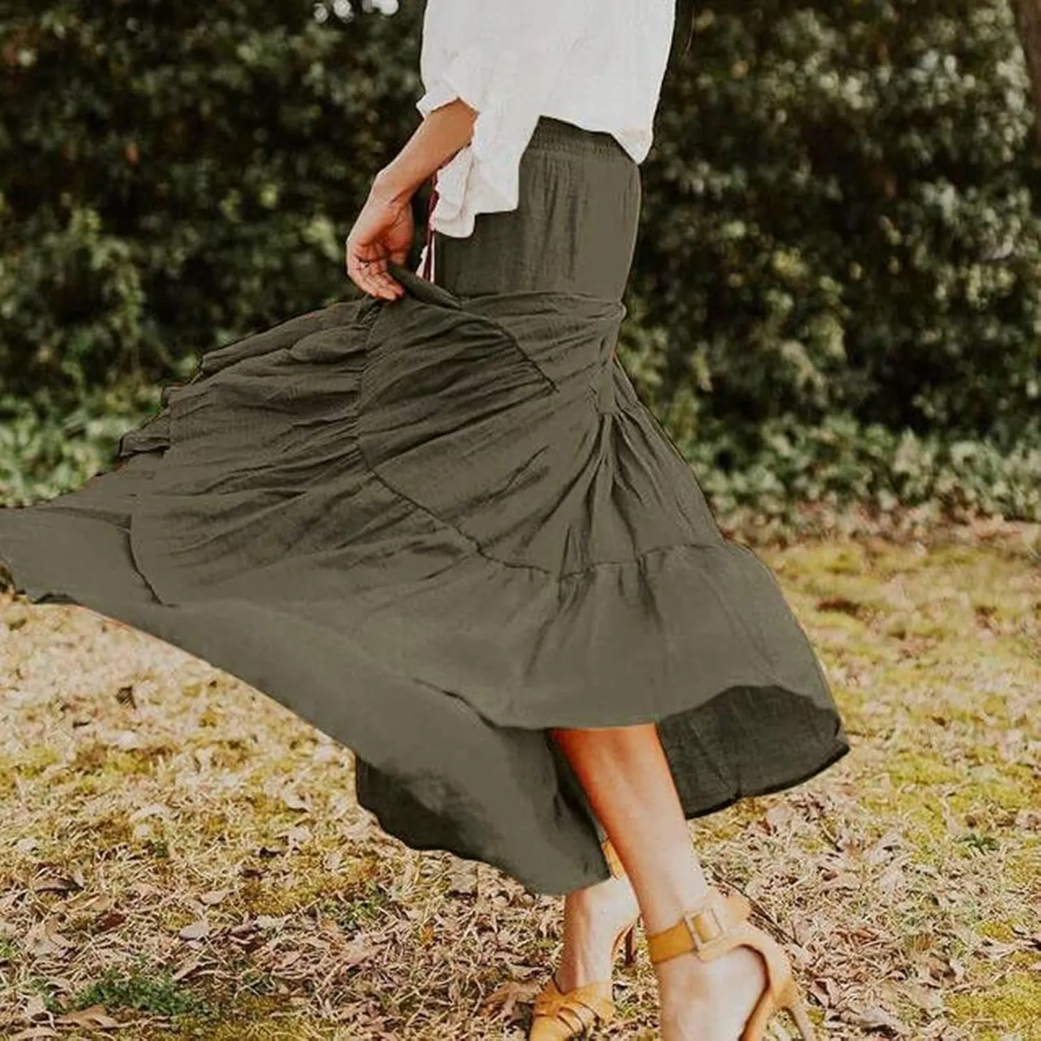 Long Pleated Skirts for Women A Line Summer High Waist Maxi Skirts Tiered Bohemian Flowy Drawstring Casual Skirts