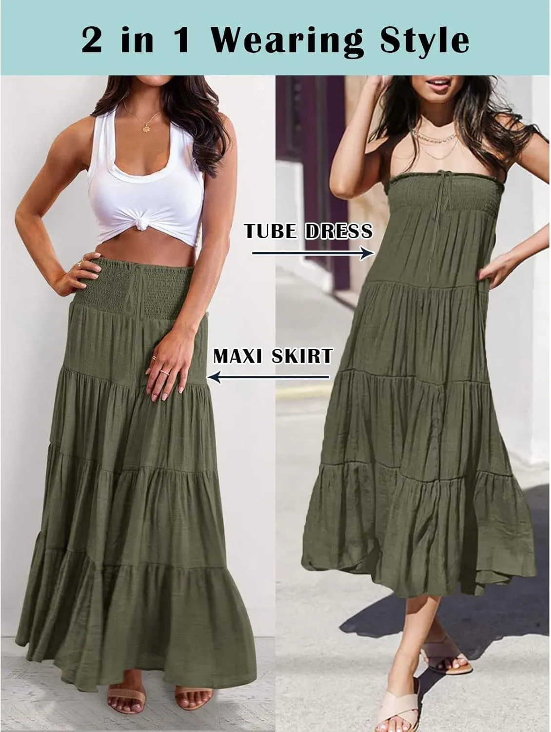 Long Pleated Skirts for Women A Line Summer High Waist Maxi Skirts Tiered Bohemian Flowy Drawstring Casual Skirts