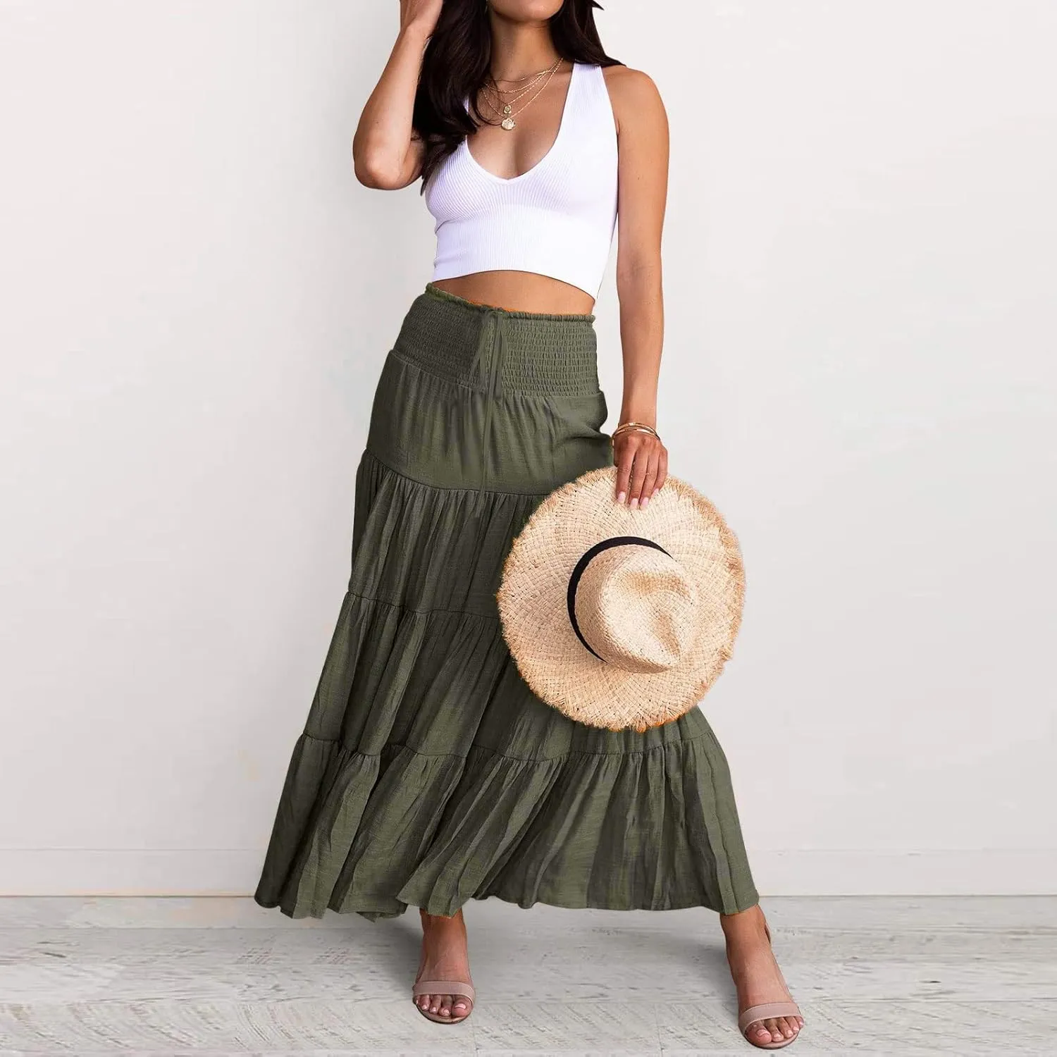 Long Pleated Skirts for Women A Line Summer High Waist Maxi Skirts Tiered Bohemian Flowy Drawstring Casual Skirts