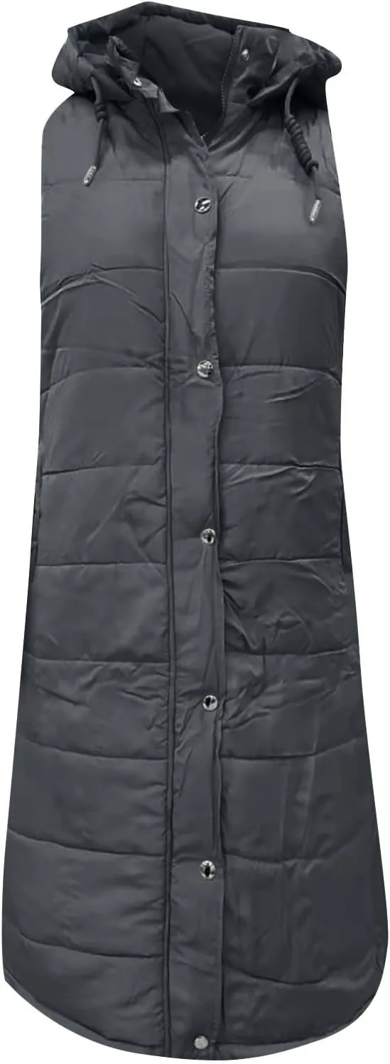 Long Puffer Vest Women Quilted Hooded Jackets Sleeveless Puffy Vest Zip Up Padded Jacket Warm Winter Coat Outerwear