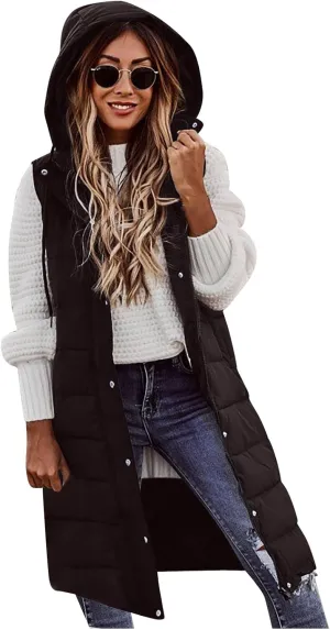 Long Puffer Vest Women Quilted Hooded Jackets Sleeveless Puffy Vest Zip Up Padded Jacket Warm Winter Coat Outerwear