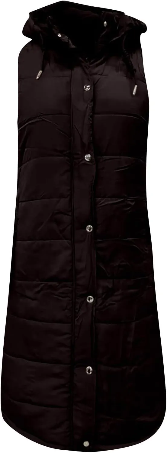 Long Puffer Vest Women Quilted Hooded Jackets Sleeveless Puffy Vest Zip Up Padded Jacket Warm Winter Coat Outerwear