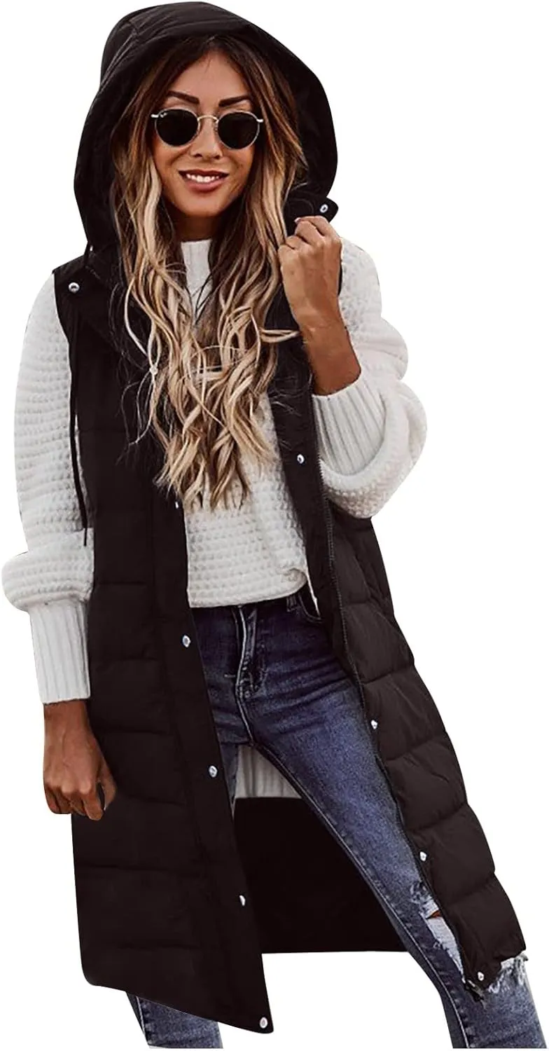 Long Puffer Vest Women Quilted Hooded Jackets Sleeveless Puffy Vest Zip Up Padded Jacket Warm Winter Coat Outerwear