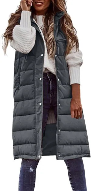 Long Puffer Vest Women Quilted Hooded Jackets Sleeveless Puffy Vest Zip Up Padded Jacket Warm Winter Coat Outerwear