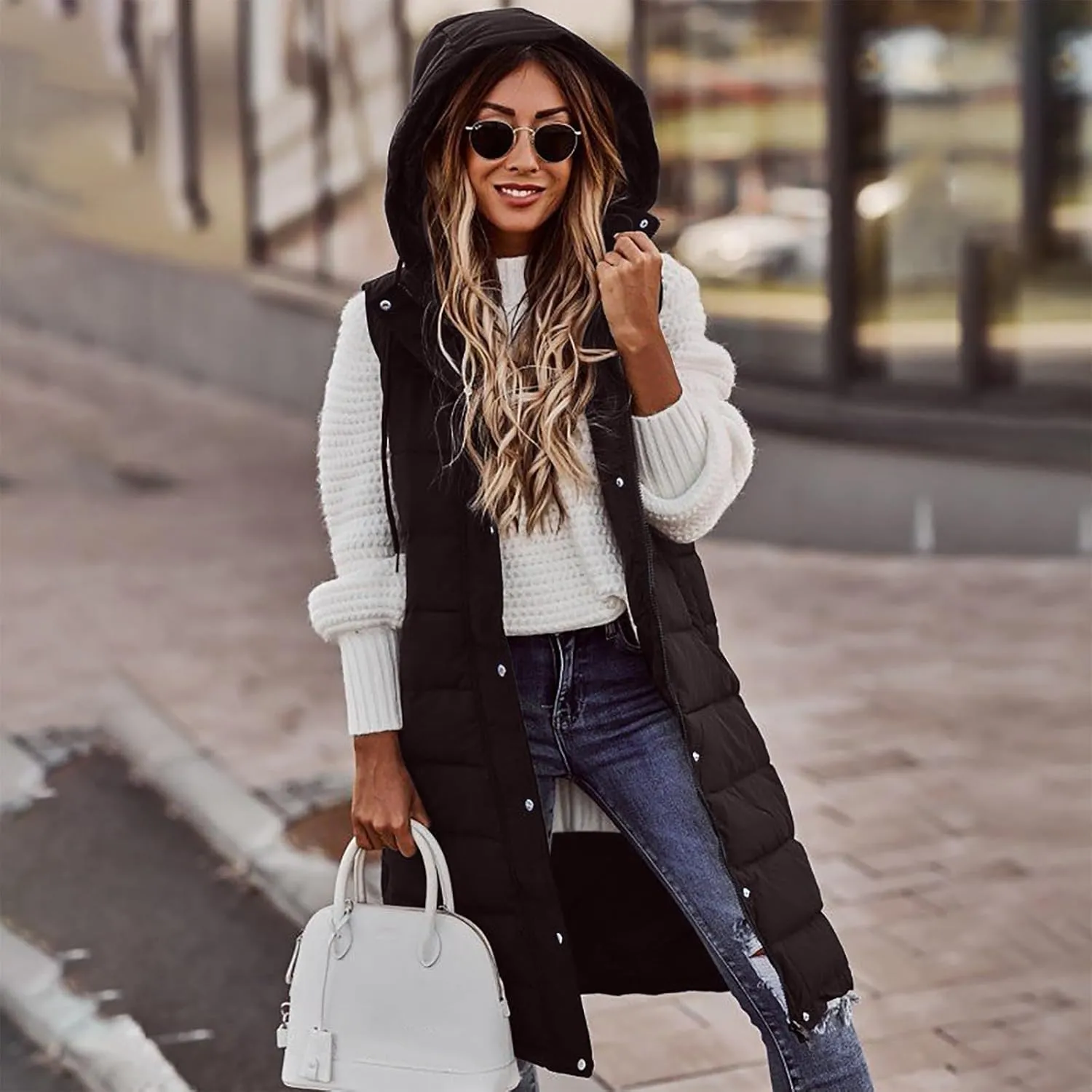 Long Puffer Vest Women Quilted Hooded Jackets Sleeveless Puffy Vest Zip Up Padded Jacket Warm Winter Coat Outerwear