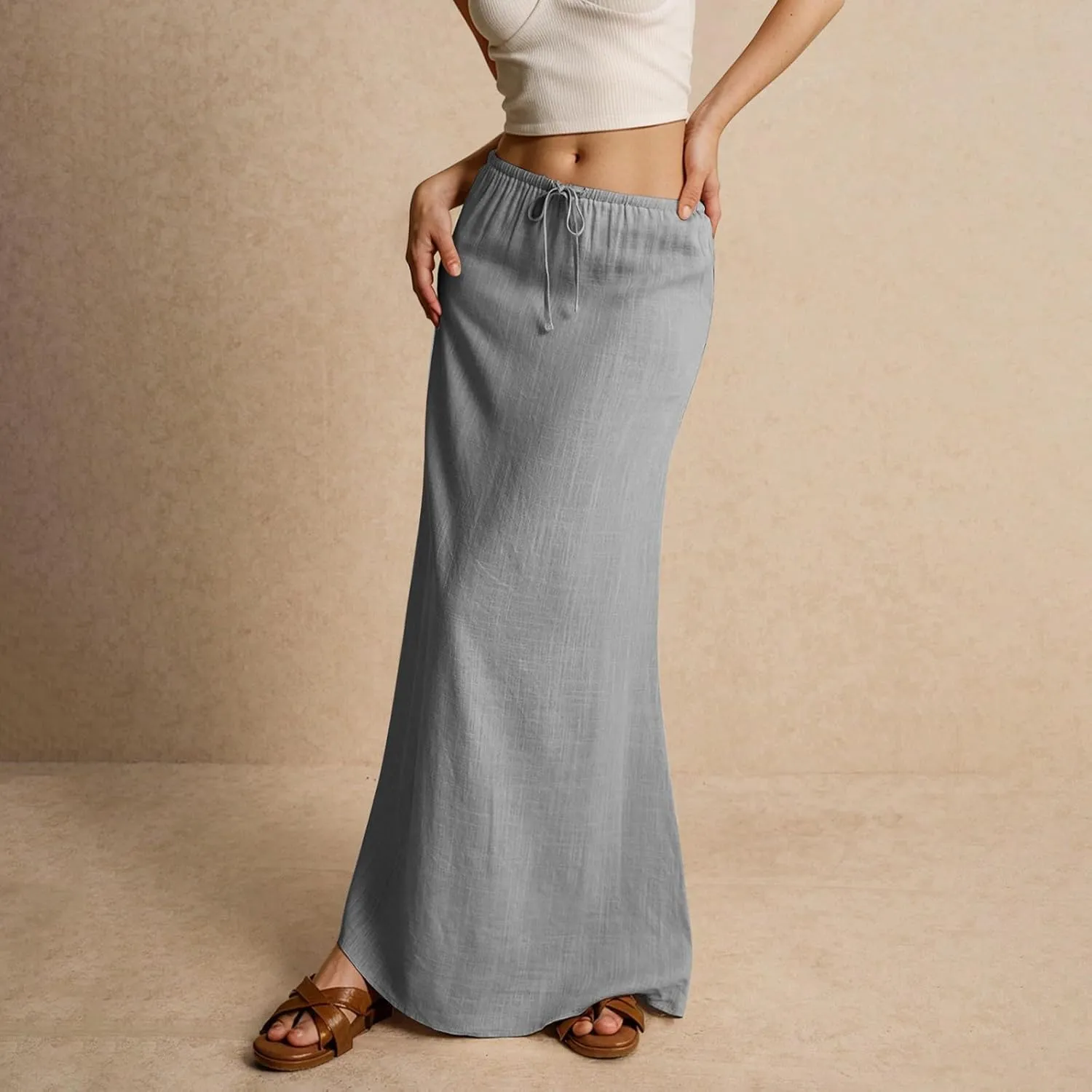 Long Skirts for Women Trendy Drawstring Low Rise Womens Linen Maxi Skirt with Slit Flowy Skirts Plus Size Summer
