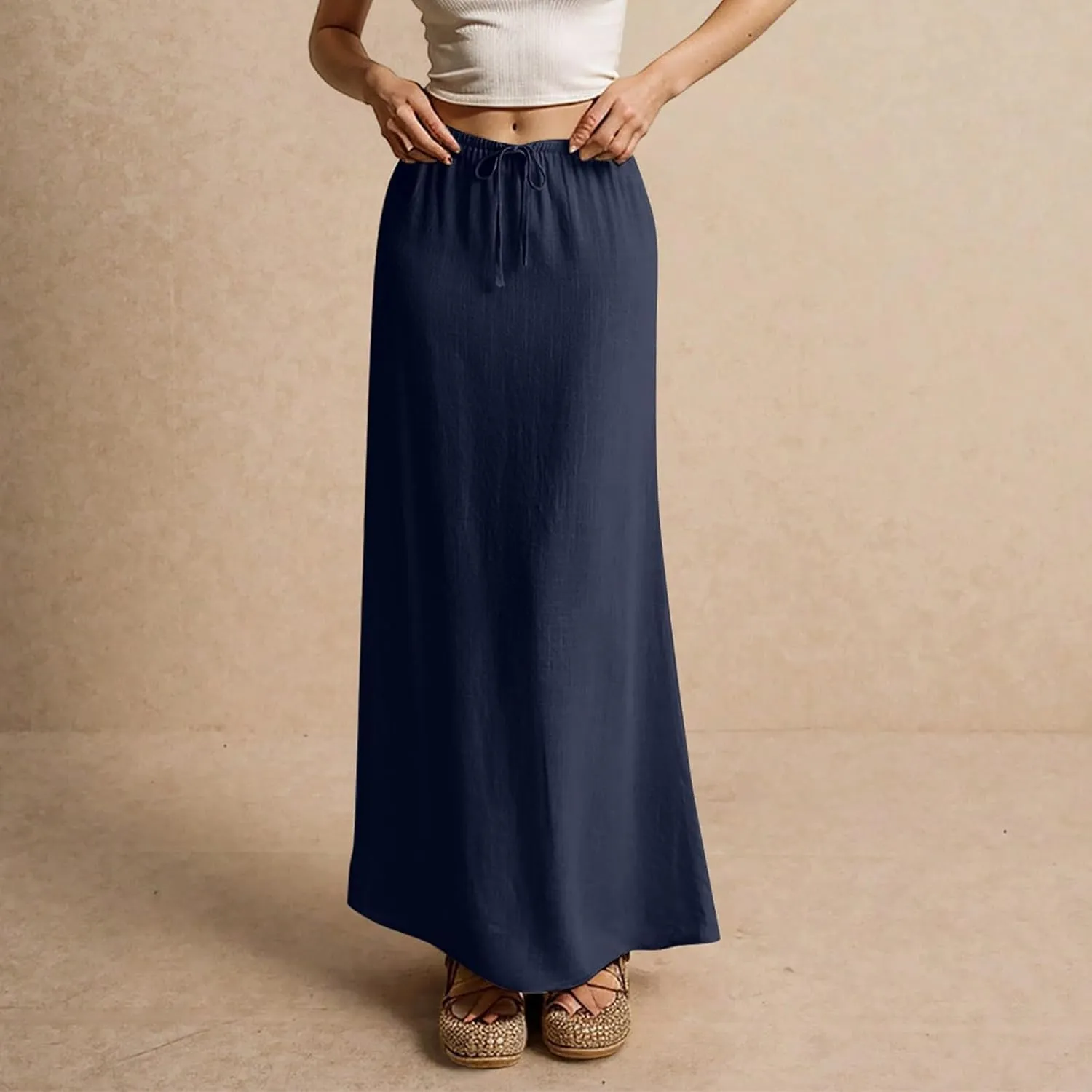 Long Skirts for Women Trendy Drawstring Low Rise Womens Linen Maxi Skirt with Slit Flowy Skirts Plus Size Summer