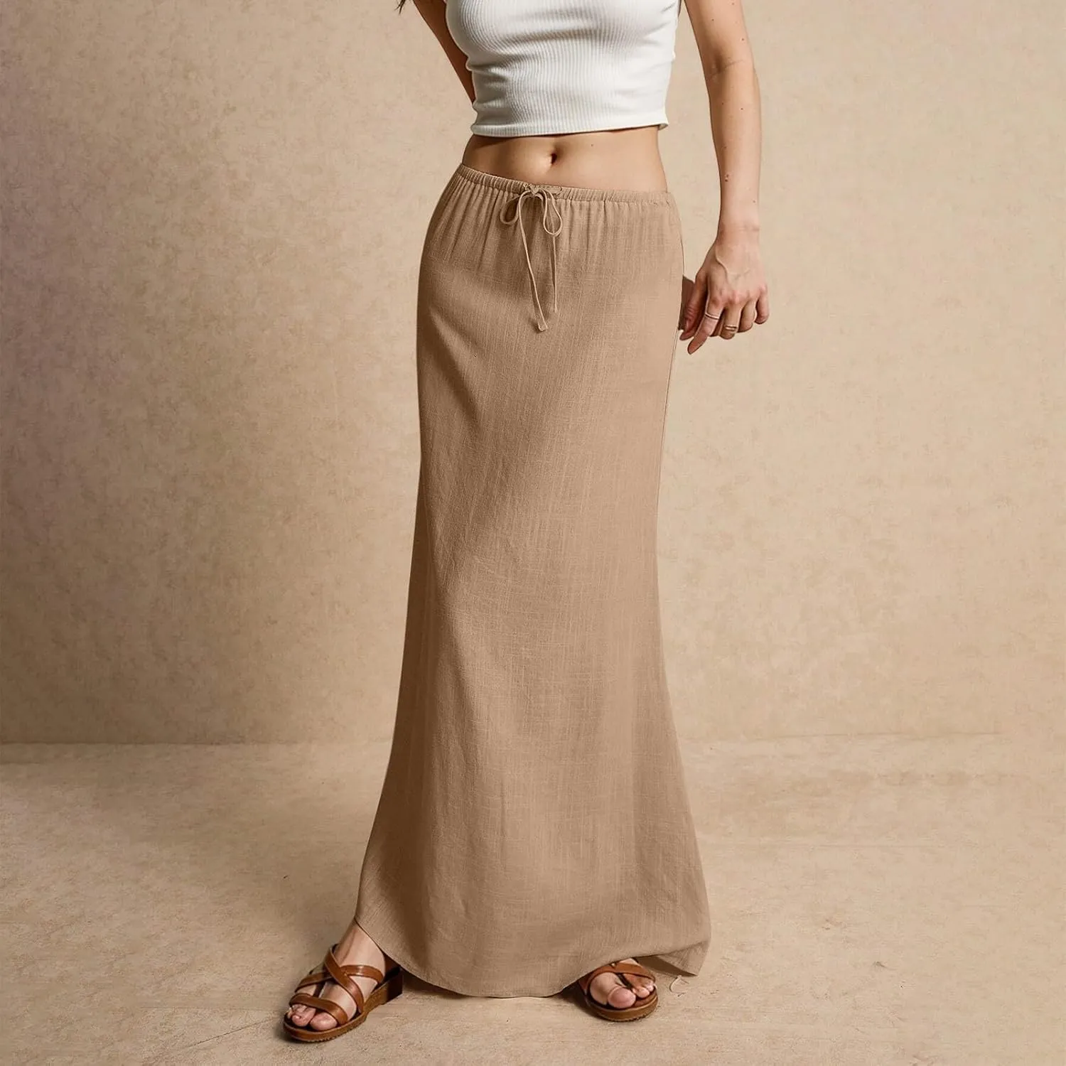 Long Skirts for Women Trendy Drawstring Low Rise Womens Linen Maxi Skirt with Slit Flowy Skirts Plus Size Summer