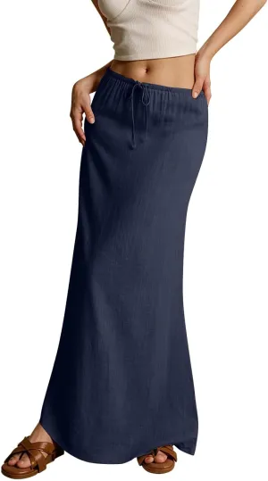 Long Skirts for Women Trendy Drawstring Low Rise Womens Linen Maxi Skirt with Slit Flowy Skirts Plus Size Summer