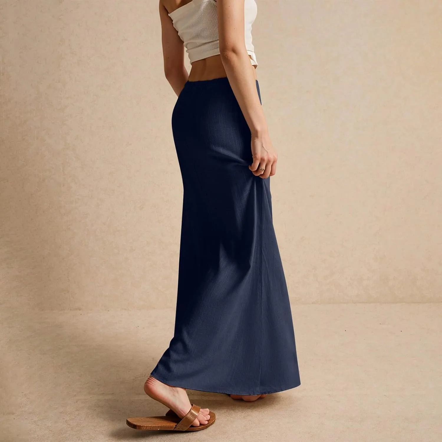 Long Skirts for Women Trendy Drawstring Low Rise Womens Linen Maxi Skirt with Slit Flowy Skirts Plus Size Summer