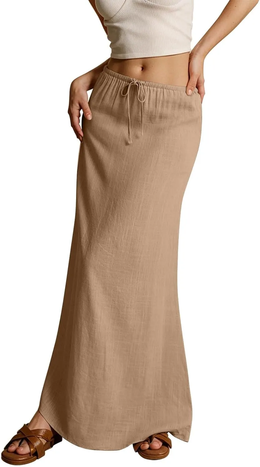 Long Skirts for Women Trendy Drawstring Low Rise Womens Linen Maxi Skirt with Slit Flowy Skirts Plus Size Summer