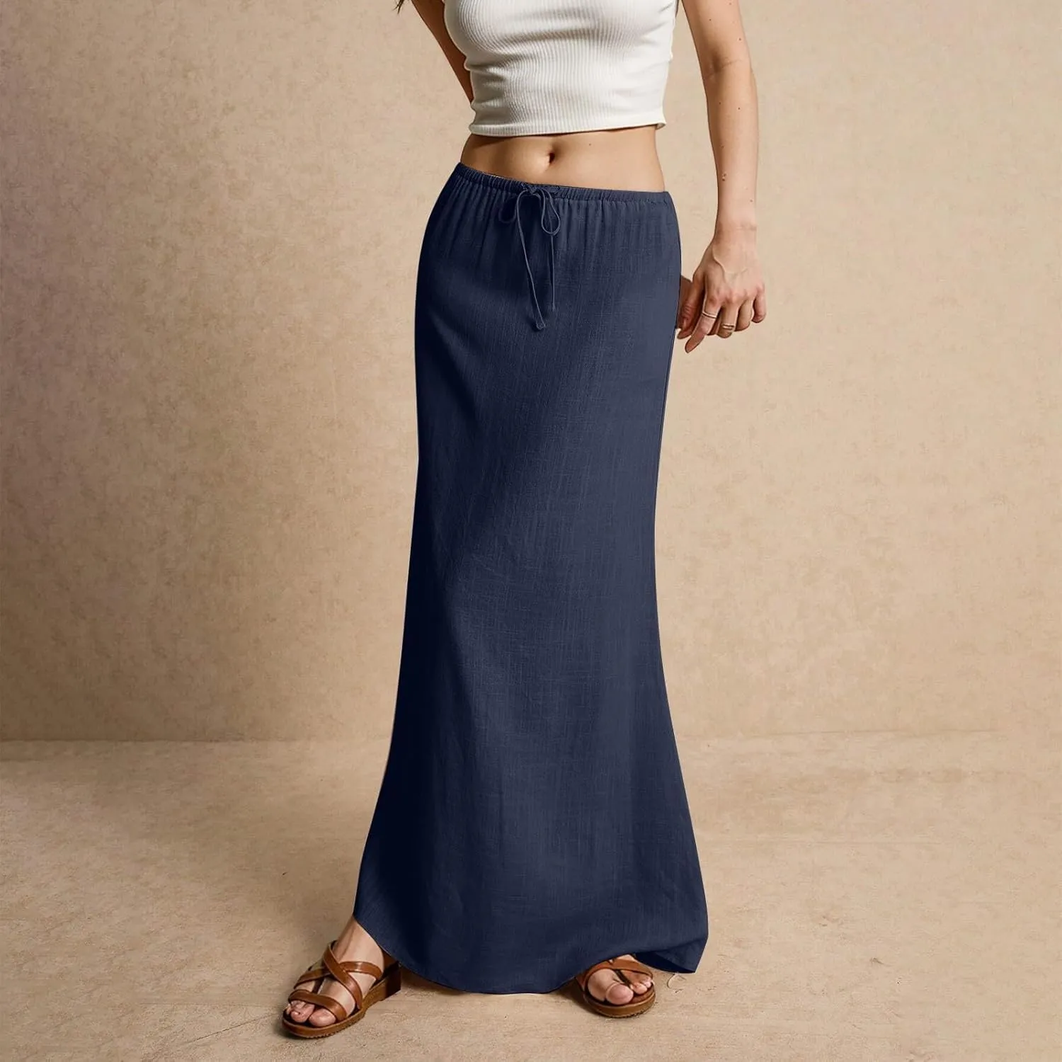 Long Skirts for Women Trendy Drawstring Low Rise Womens Linen Maxi Skirt with Slit Flowy Skirts Plus Size Summer