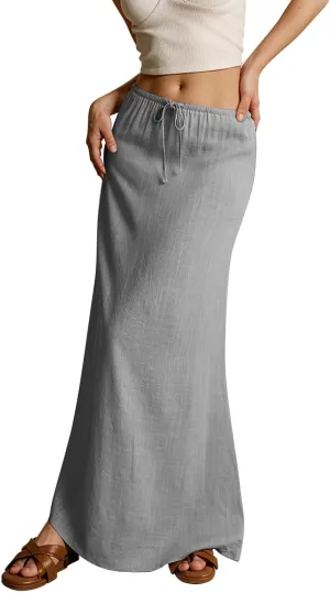 Long Skirts for Women Trendy Drawstring Low Rise Womens Linen Maxi Skirt with Slit Flowy Skirts Plus Size Summer