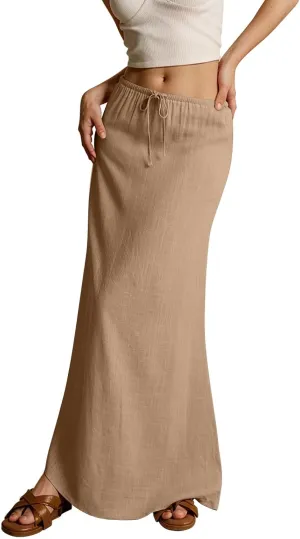 Long Skirts for Women Trendy Drawstring Low Rise Womens Linen Maxi Skirt with Slit Flowy Skirts Plus Size Summer