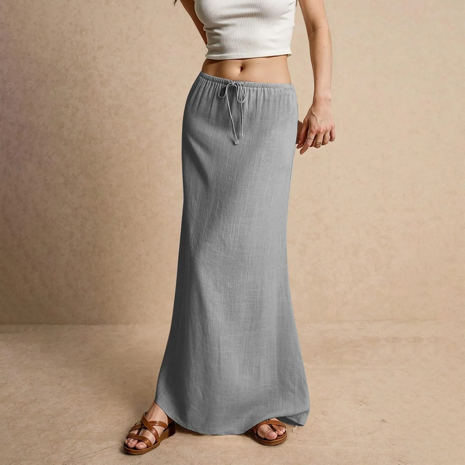Long Skirts for Women Trendy Drawstring Low Rise Womens Linen Maxi Skirt with Slit Flowy Skirts Plus Size Summer