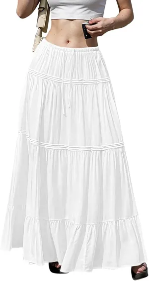 Long Skirts for Women Trendy Drawstring Waisted Flowy Tiered Linen Skirt Summer Pleated Ruffle A-Line Maxi Skirts