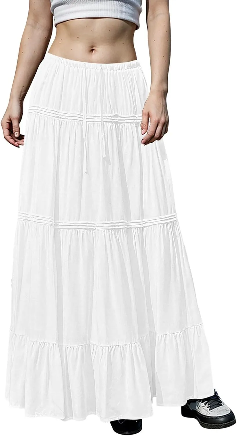 Long Skirts for Women Trendy Drawstring Waisted Flowy Tiered Linen Skirt Summer Pleated Ruffle A-Line Maxi Skirts