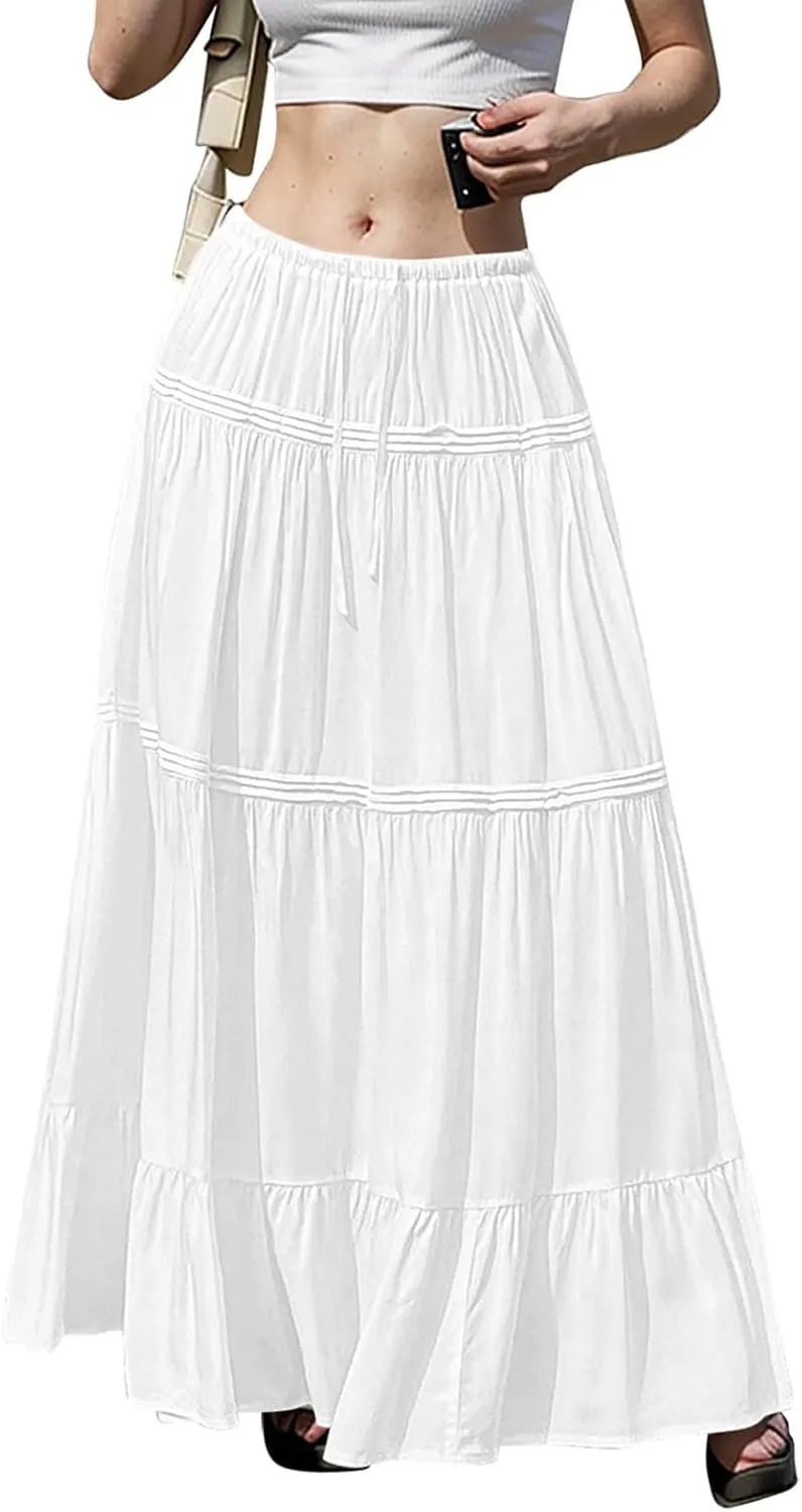 Long Skirts for Women Trendy Drawstring Waisted Flowy Tiered Linen Skirt Summer Pleated Ruffle A-Line Maxi Skirts