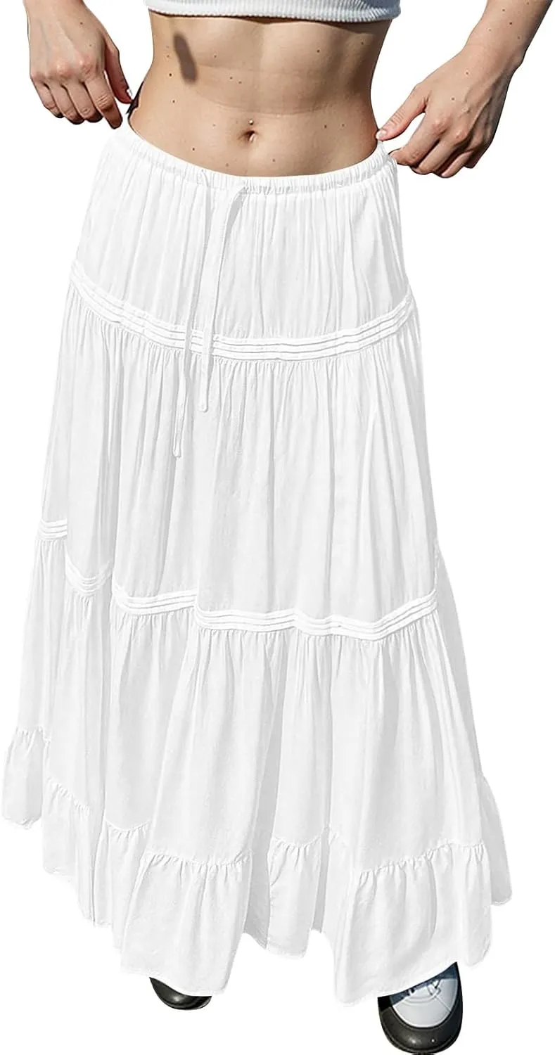 Long Skirts for Women Trendy Drawstring Waisted Flowy Tiered Linen Skirt Summer Pleated Ruffle A-Line Maxi Skirts