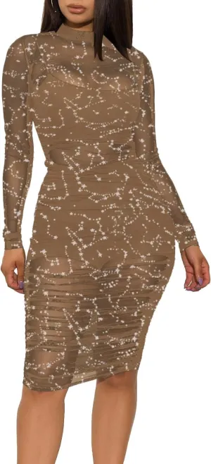 LYANER Women's Mesh Dress Long Sleeve Bodycon 3 Piece Outfits with Cami Shorts