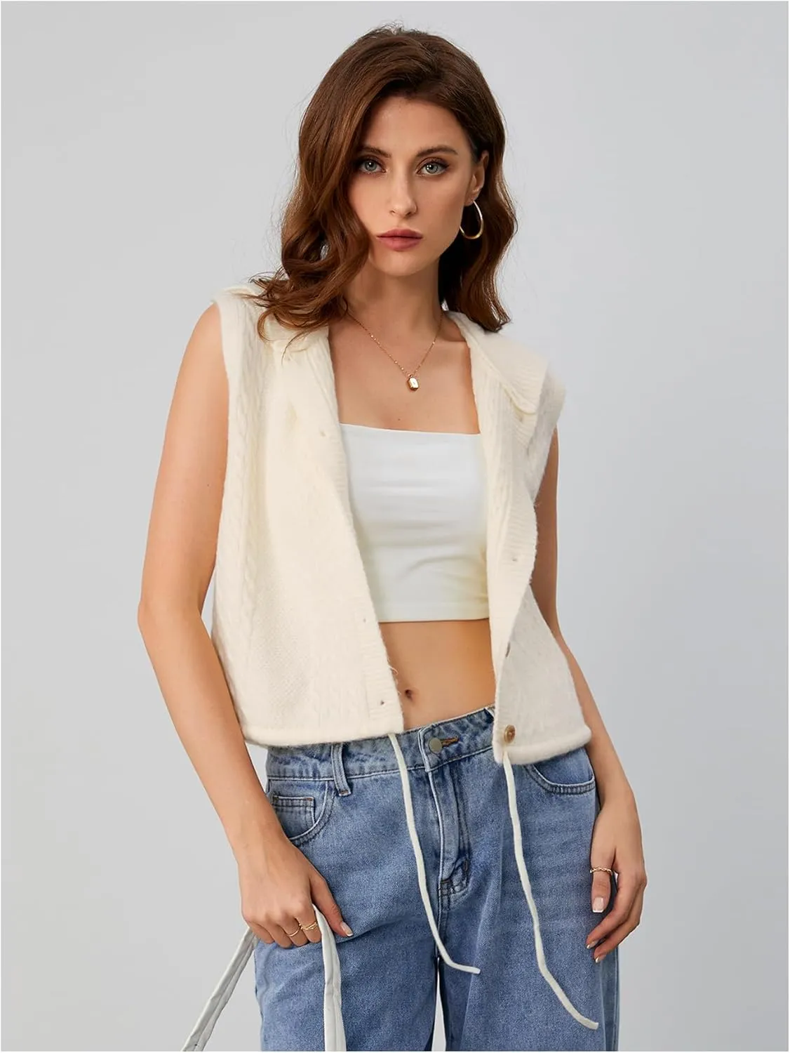 MakeMeChic Women's Sleeveless Hooded Sweater Vests Cable Knitted Button Down Vest