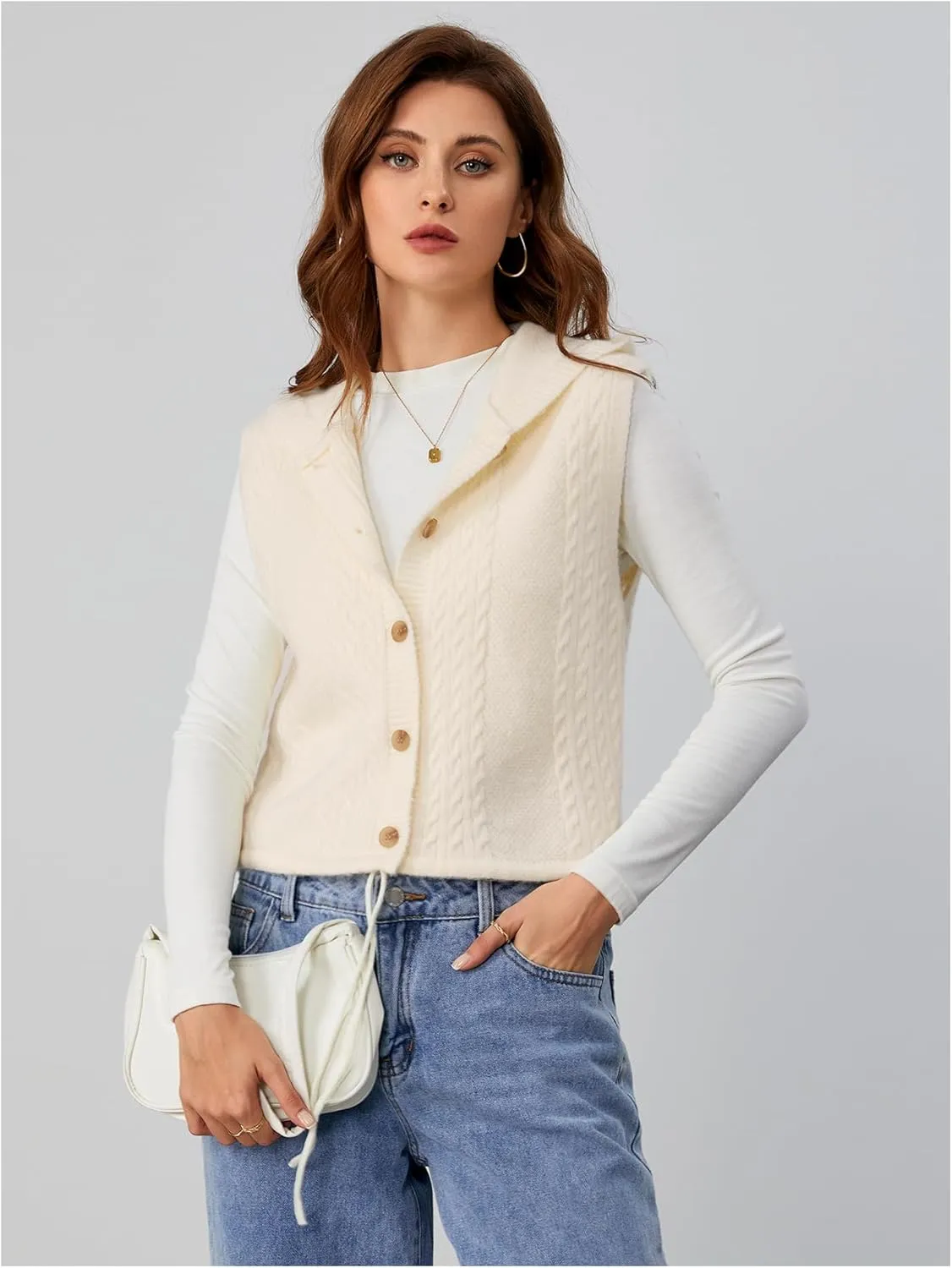 MakeMeChic Women's Sleeveless Hooded Sweater Vests Cable Knitted Button Down Vest