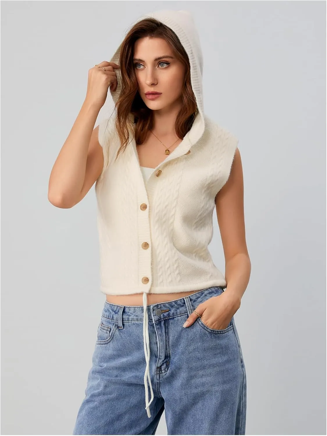 MakeMeChic Women's Sleeveless Hooded Sweater Vests Cable Knitted Button Down Vest