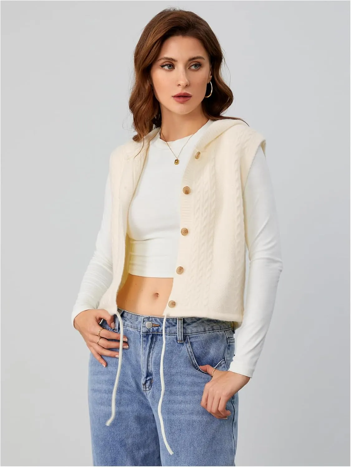 MakeMeChic Women's Sleeveless Hooded Sweater Vests Cable Knitted Button Down Vest
