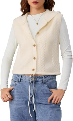 MakeMeChic Women's Sleeveless Hooded Sweater Vests Cable Knitted Button Down Vest