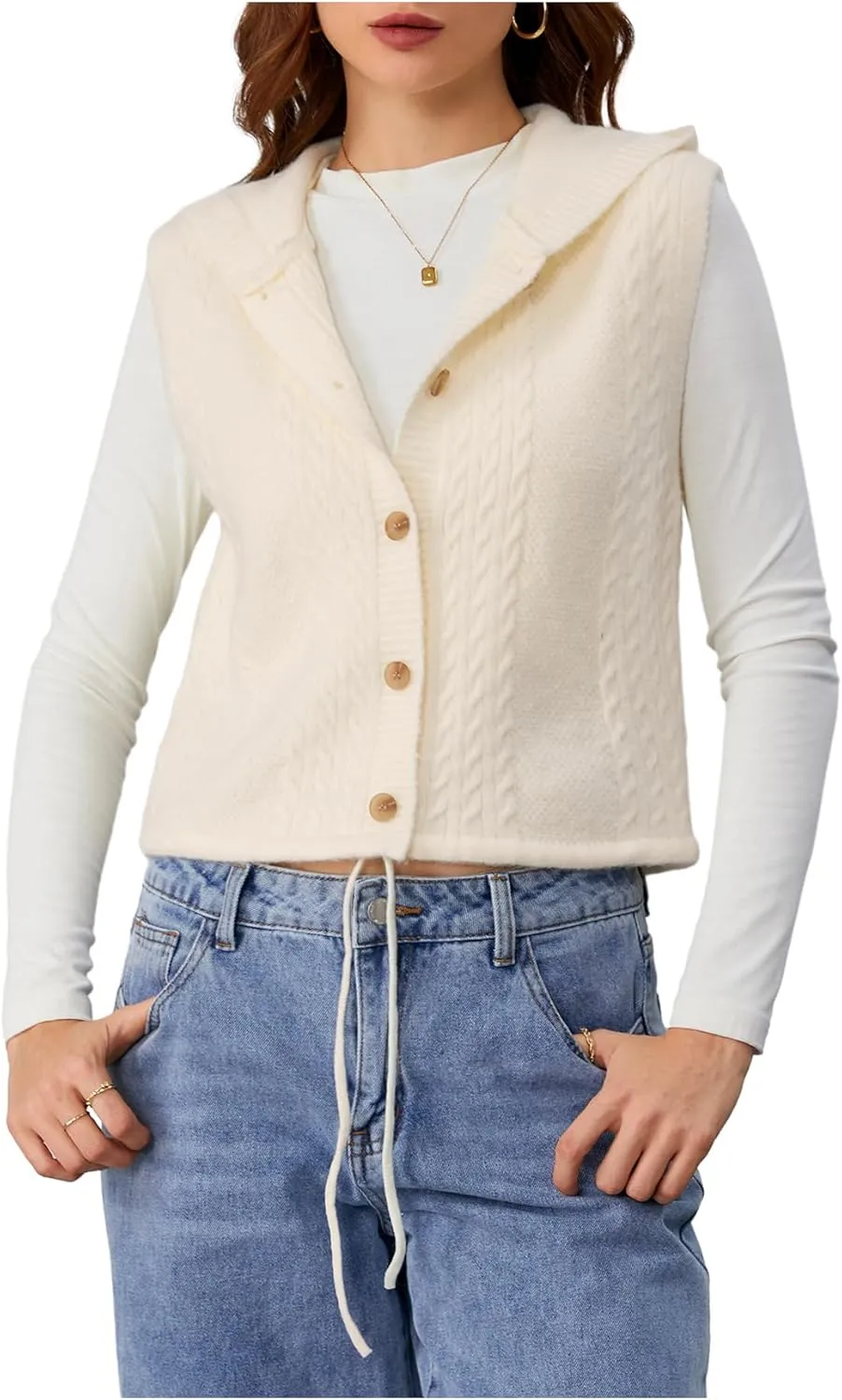MakeMeChic Women's Sleeveless Hooded Sweater Vests Cable Knitted Button Down Vest