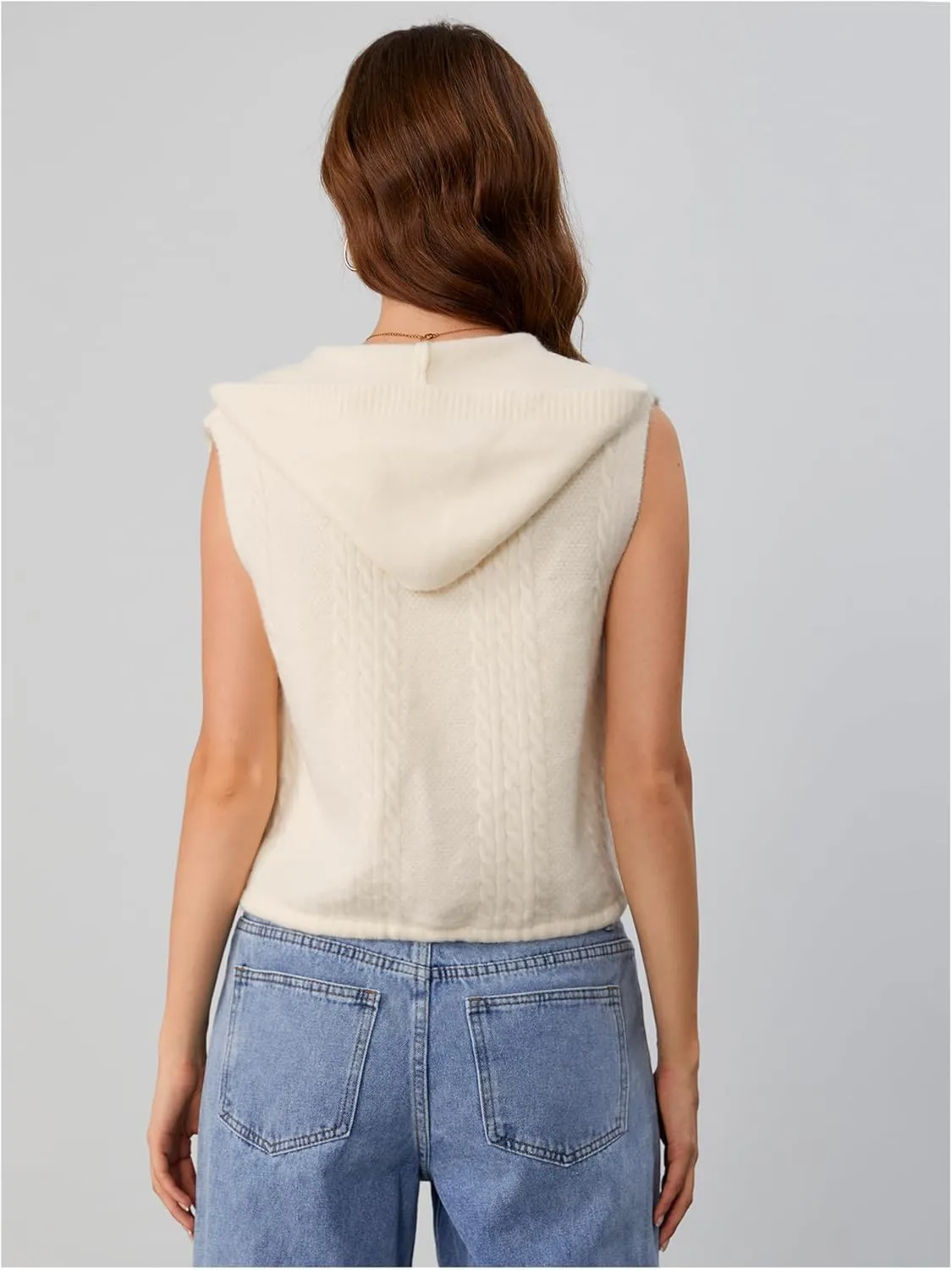 MakeMeChic Women's Sleeveless Hooded Sweater Vests Cable Knitted Button Down Vest