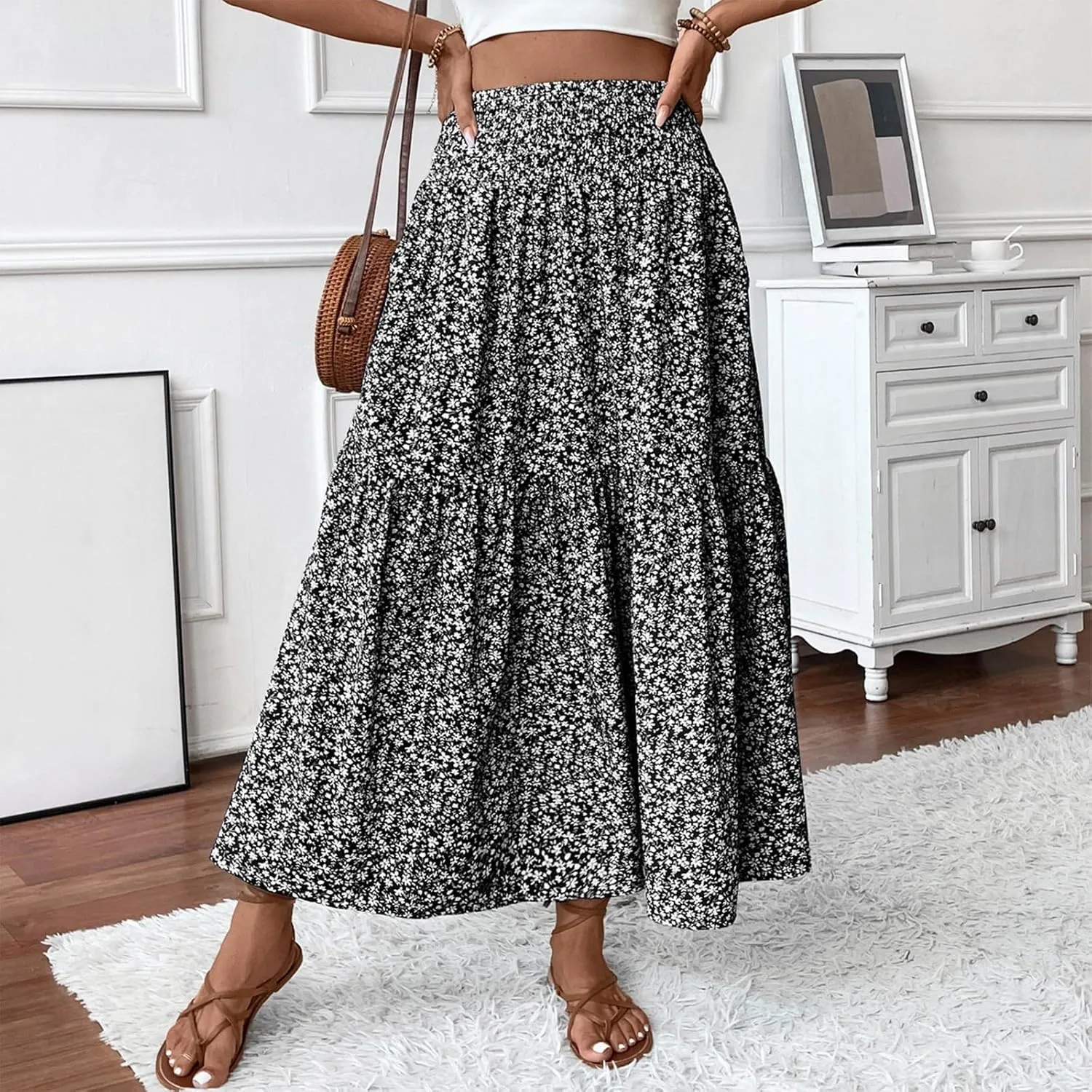 Maxi Floral Skirts for Women Smocked Ruffle Tiered High Waisted Summer Skirt with Pockets Beach Skirt for Vacation