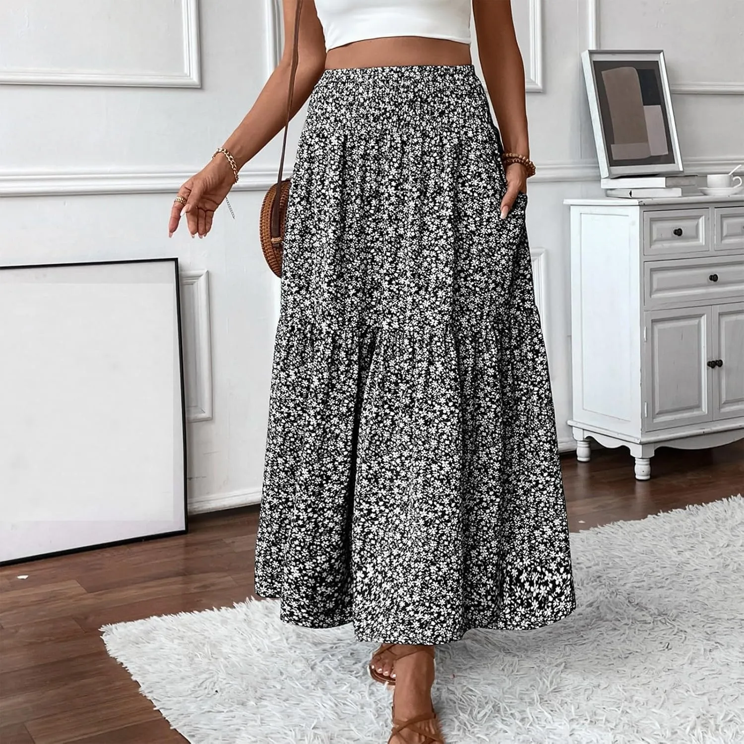 Maxi Floral Skirts for Women Smocked Ruffle Tiered High Waisted Summer Skirt with Pockets Beach Skirt for Vacation