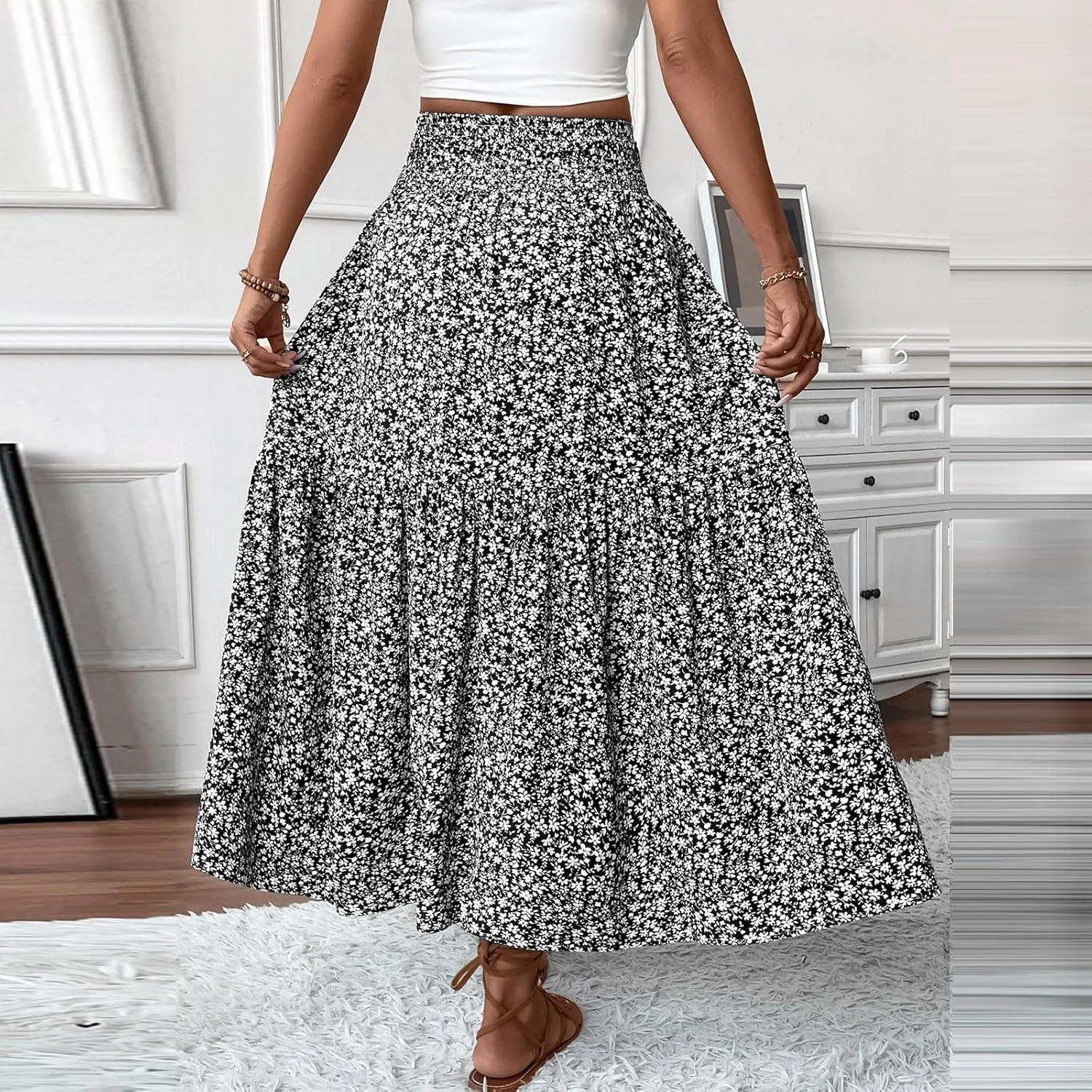 Maxi Floral Skirts for Women Smocked Ruffle Tiered High Waisted Summer Skirt with Pockets Beach Skirt for Vacation