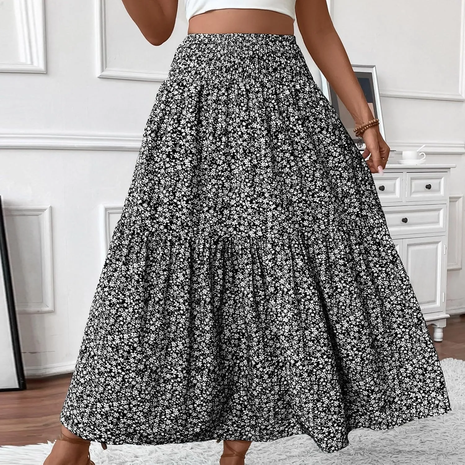 Maxi Floral Skirts for Women Smocked Ruffle Tiered High Waisted Summer Skirt with Pockets Beach Skirt for Vacation