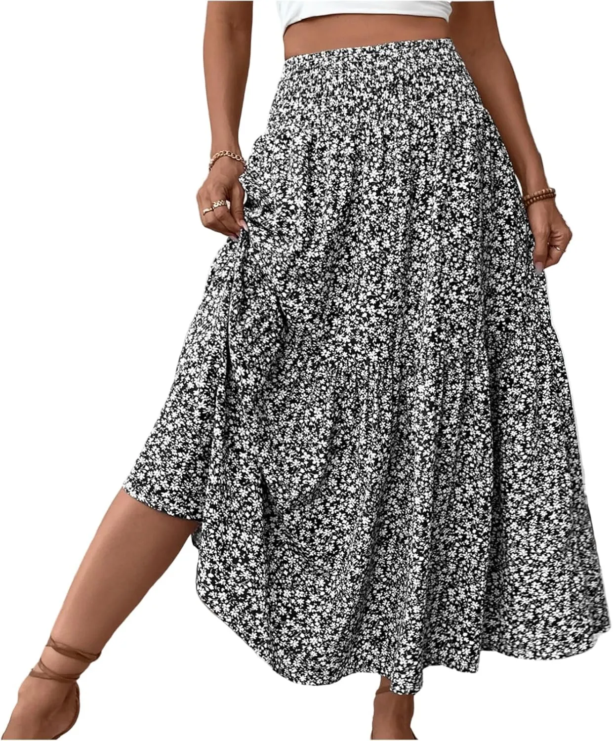 Maxi Floral Skirts for Women Smocked Ruffle Tiered High Waisted Summer Skirt with Pockets Beach Skirt for Vacation