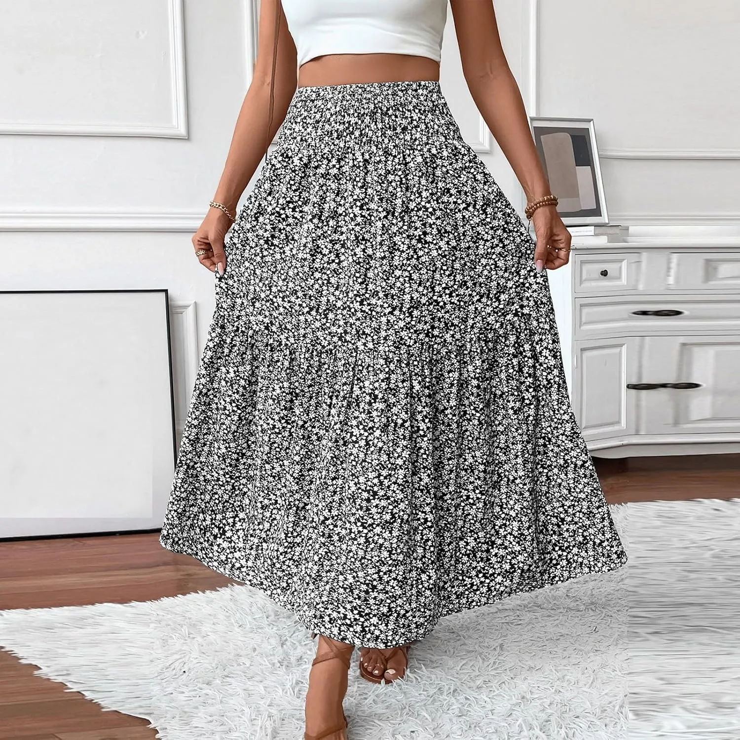 Maxi Floral Skirts for Women Smocked Ruffle Tiered High Waisted Summer Skirt with Pockets Beach Skirt for Vacation